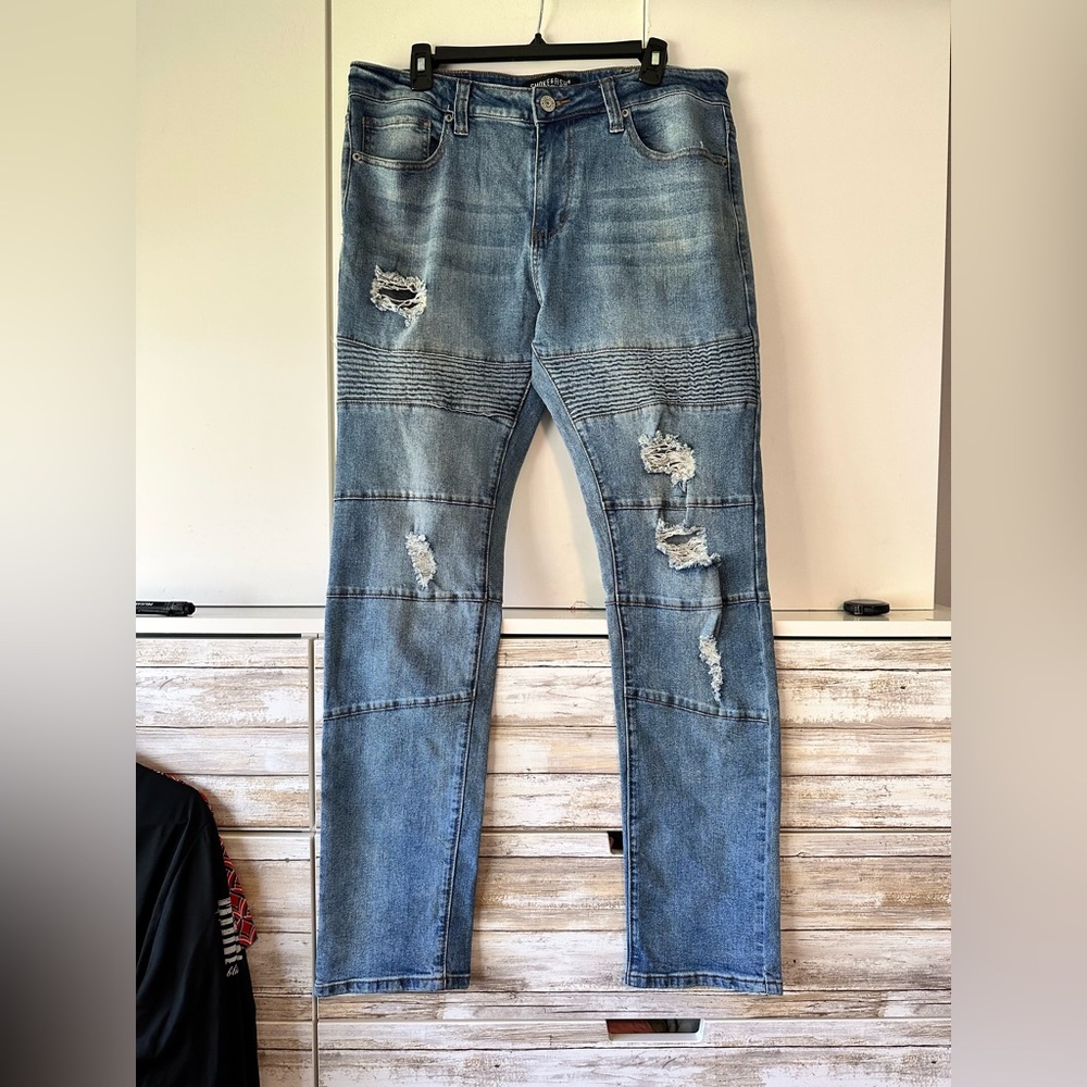 Smoke & Ash Moto Jeans 🔥 Distressed Skinny Denim 34x32 Stretch